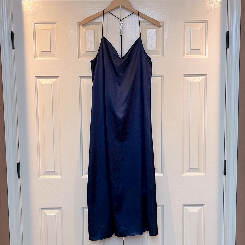 Zara Satin Slip Dress Navy Blue XS Holiday Cocktail Minimalist Sleek Classic